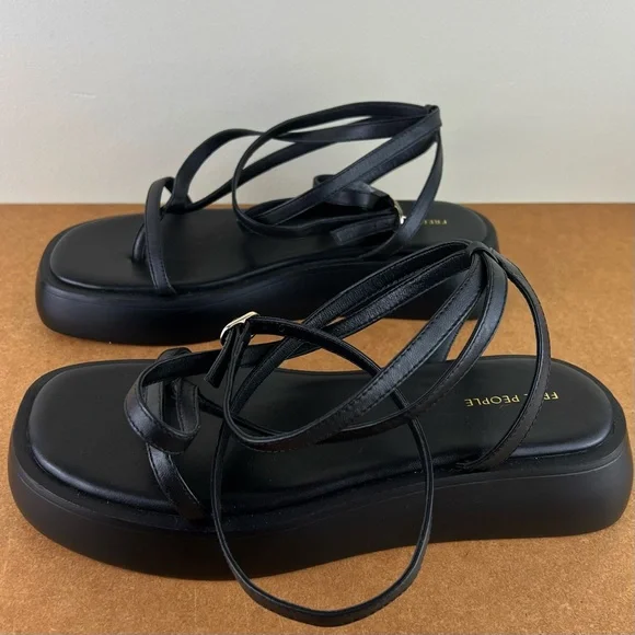 NEW FREE PEOPLE BLACK LEATHER STRAPPY PLATFORM SANDALS - Picture 7 of 13